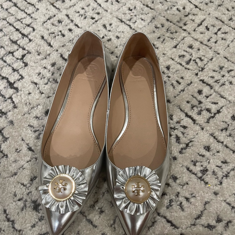 Tory Burch Silver Flats with Gold Accent